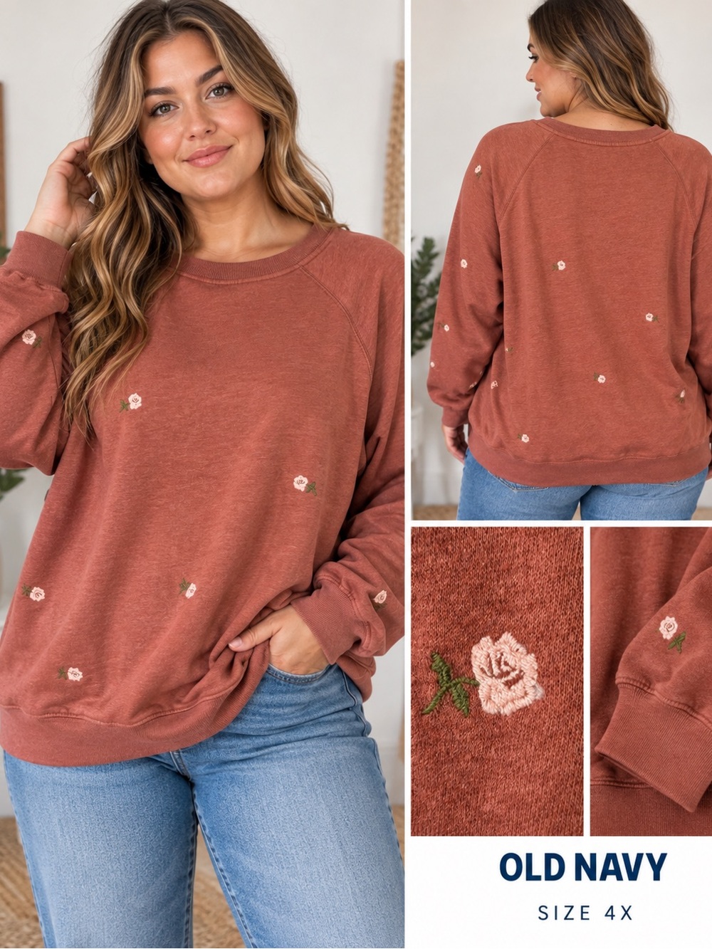 Old Navy Rust Crewneck Sweatshirt with Pale Pink Floral Embroidery Size 4X